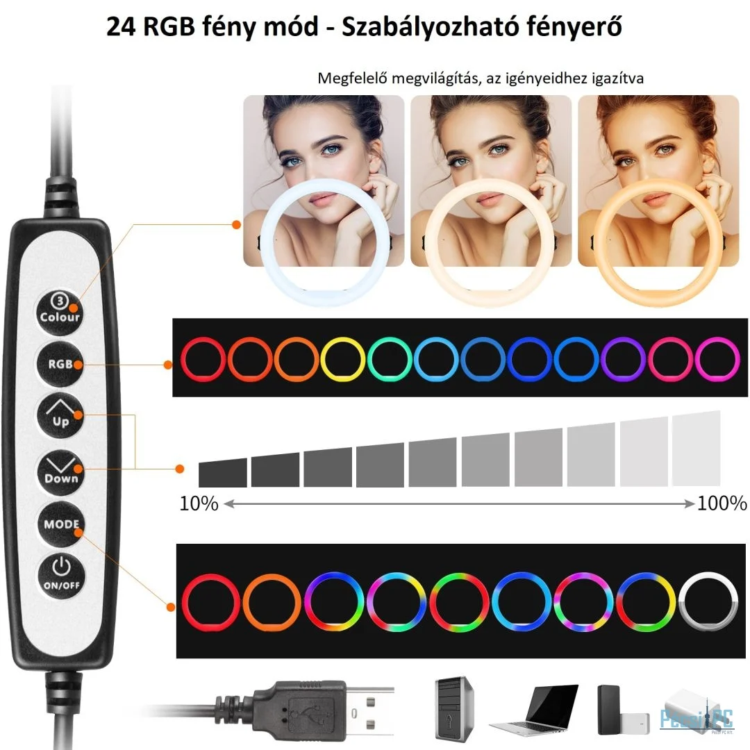 Ulanzi K15 RGB gyűrűs lámpa állvánnyal 1 db hajlítható hattyúnyakkal és telefontartóval
