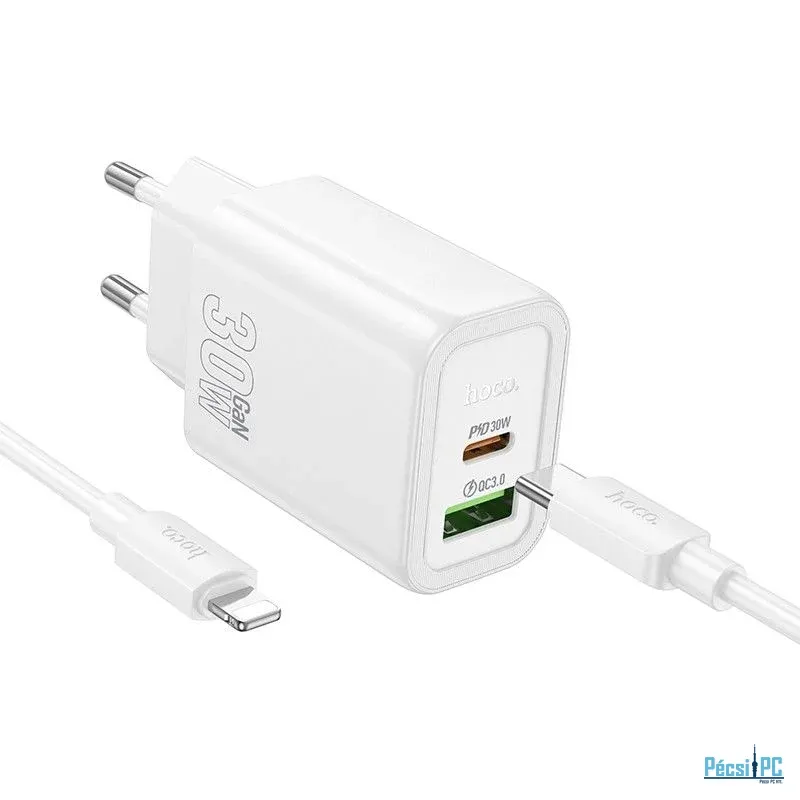 Hoco N63 Gentle USB-A + USB-C PD30W+QC3.0 charger with USB-C to Lightning cable White