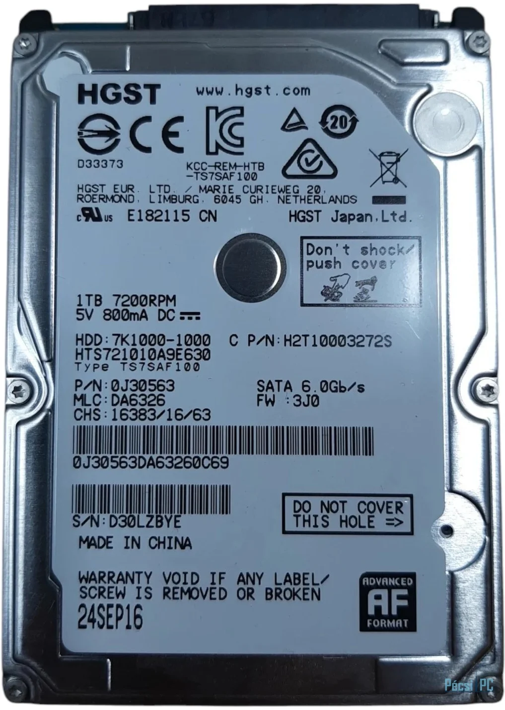 Használt Hitachi 500GB 7200rpm SATA-600 2,5" 32MB 7mm HTS725050A7E630