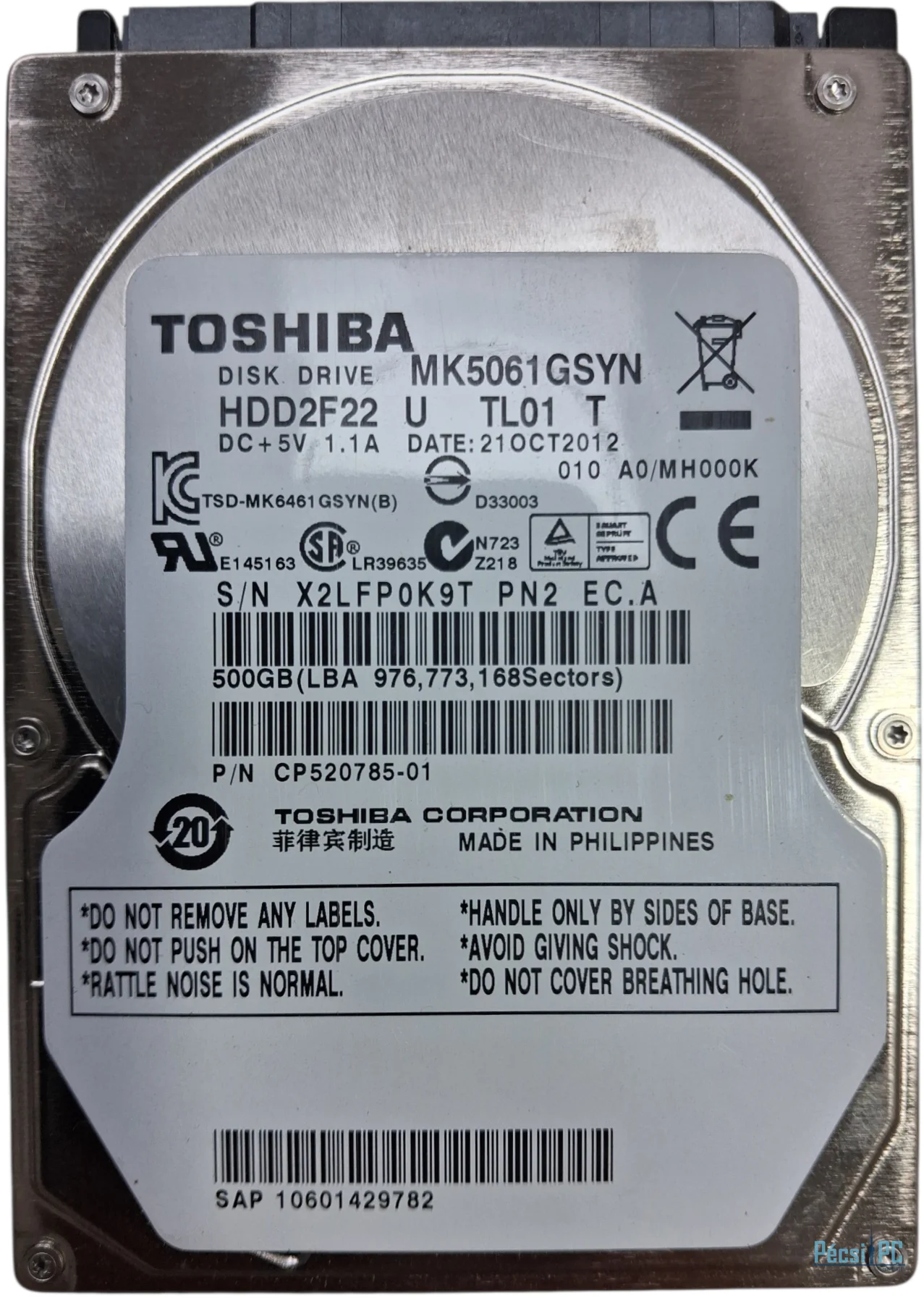 Használt Toshiba 500GB 7200rpm SATA-300 2,5" 16MB 9,5mm MK5061GSYN