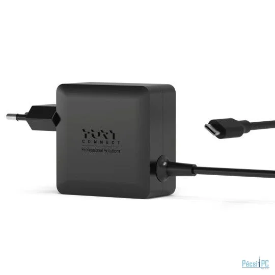 Port Designs 65W GaN USB-C mains power supply with fixed cable Black