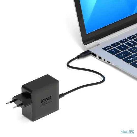 Port Designs 65W GaN USB-C mains power supply with fixed cable Black