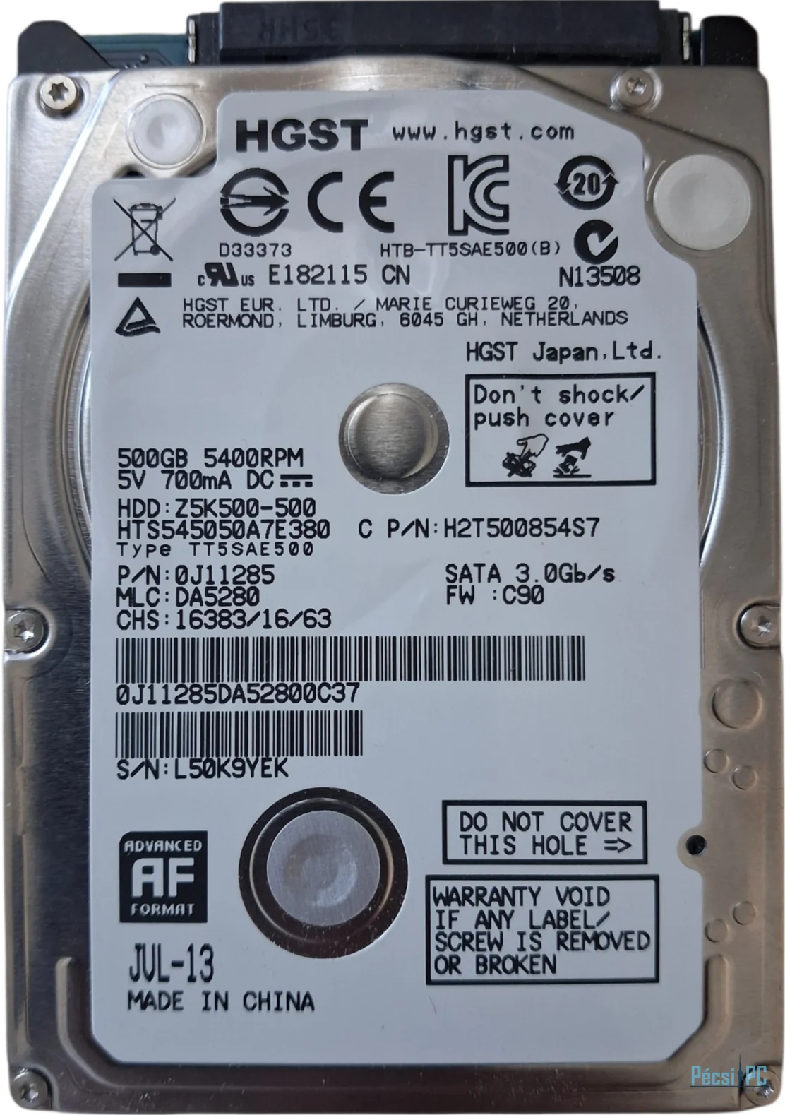 Használt Hitachi 500GB 5400rpm SATA-600 2,5" 8MB 7mm HTS545050A7E380