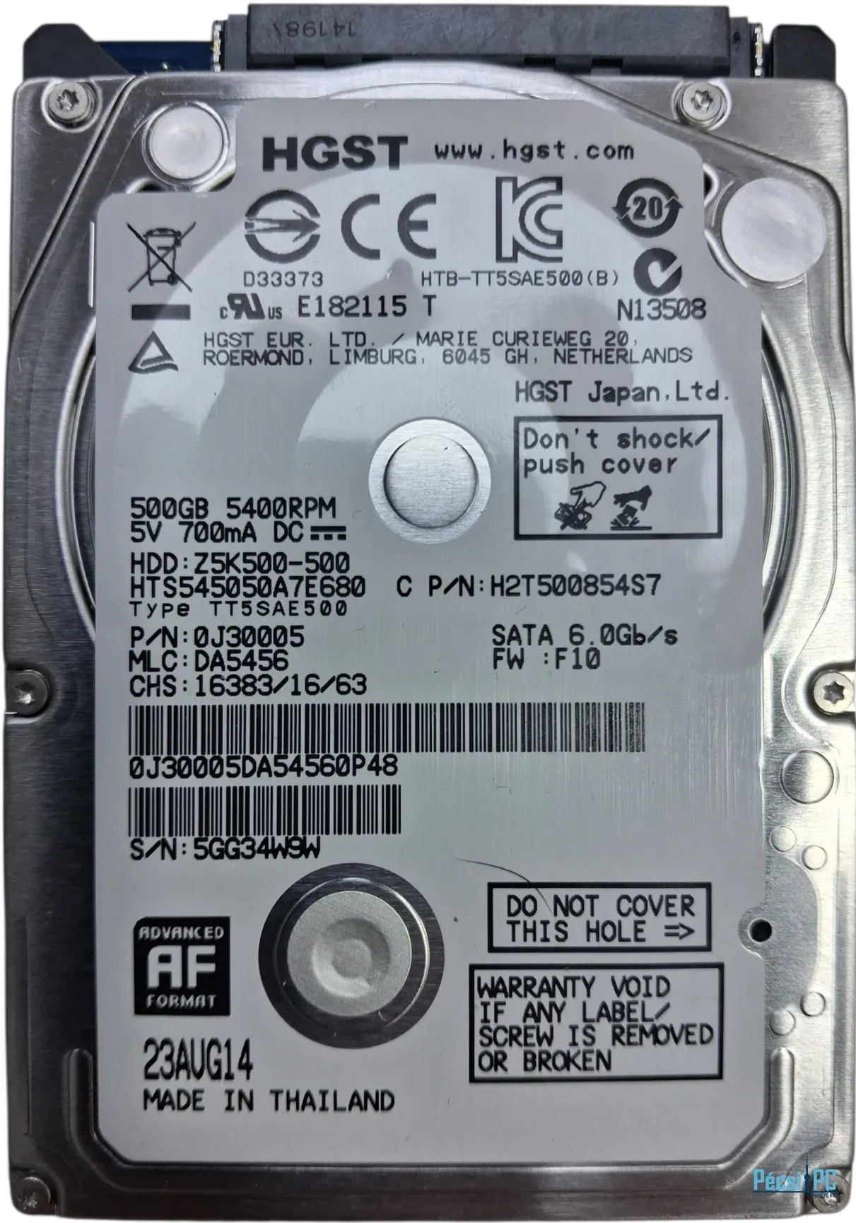 Használt Hitachi 500GB 5400rpm SATA-600 2,5" 8MB 7mm HTS545050A7E680