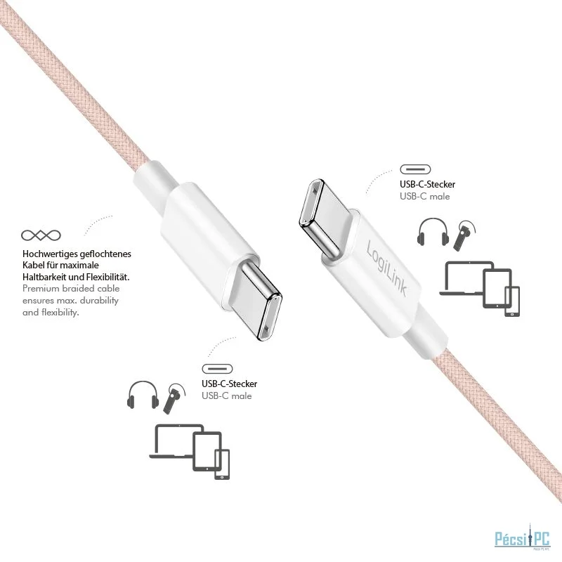 Logilink Logilink USB 2.0 Type-C C/M to C/M 60W cable 0,5m Pink