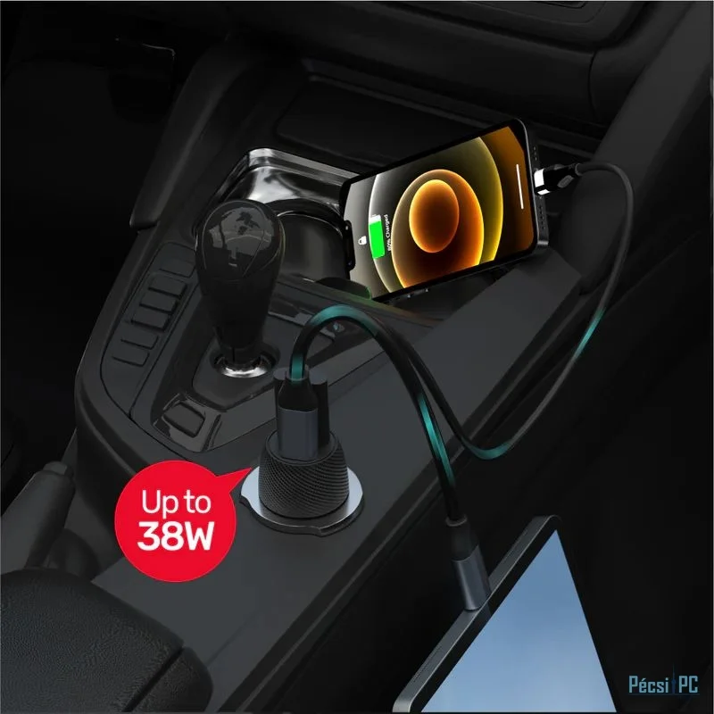 Unitek Powertrain Duo 38W Two Ports Car Charger with PD and QC Black