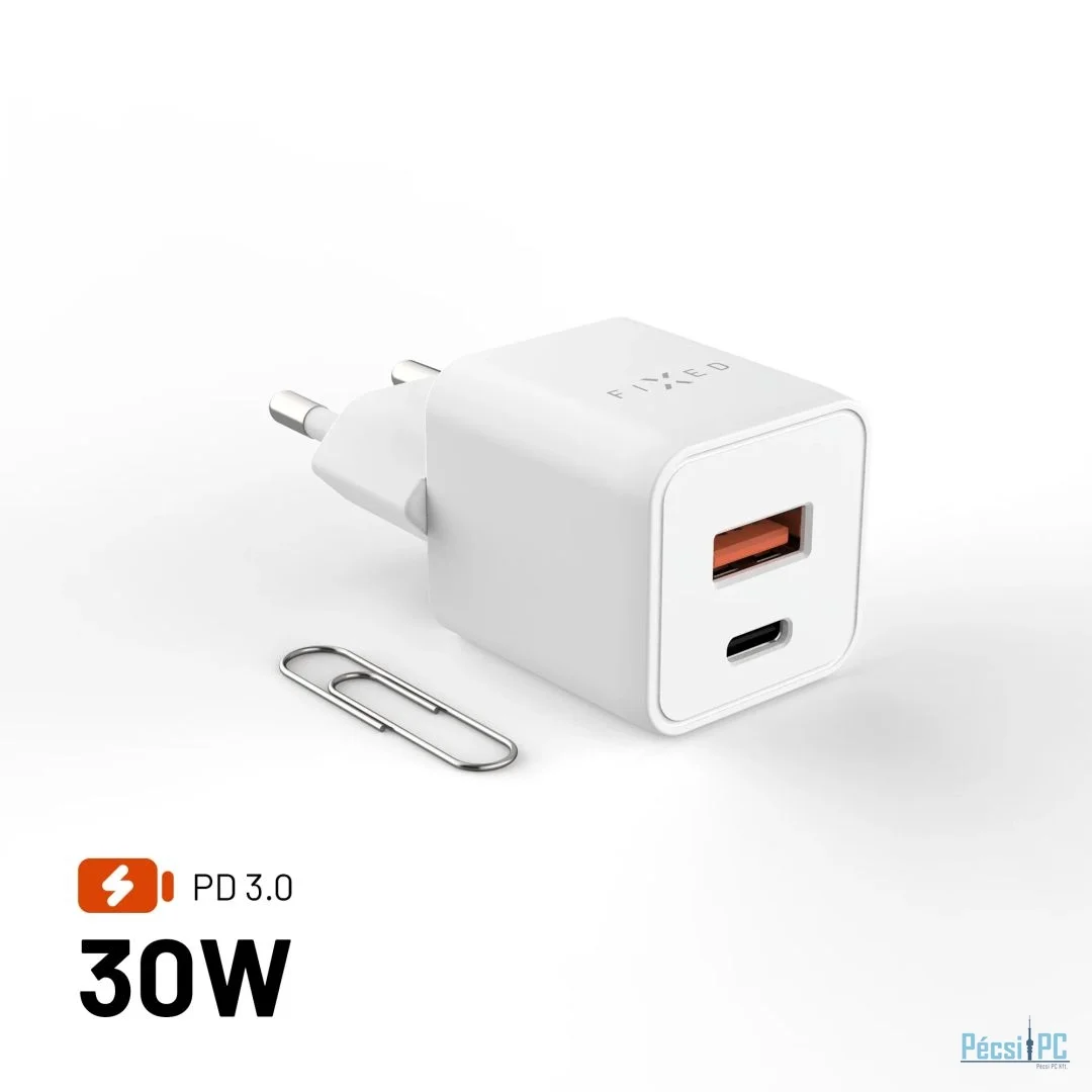 FIXED Mini GaN hálózati töltő USB-C és USB kimenettel, PD támogatással, 30W, fehér