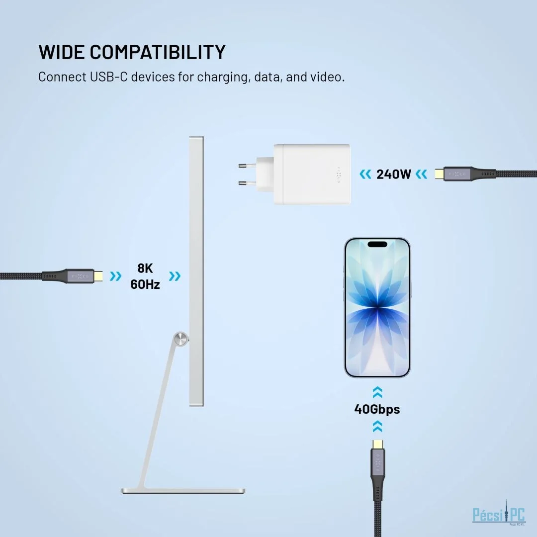 FIXED USB-C/USB-C PD 3.1 USB4 Gen3 40Gbps 8K60Hz 240W kábel, 0,35m fekete