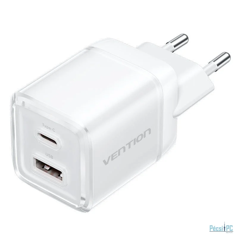 Vention 2-Port USB (C-A) GaN Charger (30W/30W) EU-Plug White