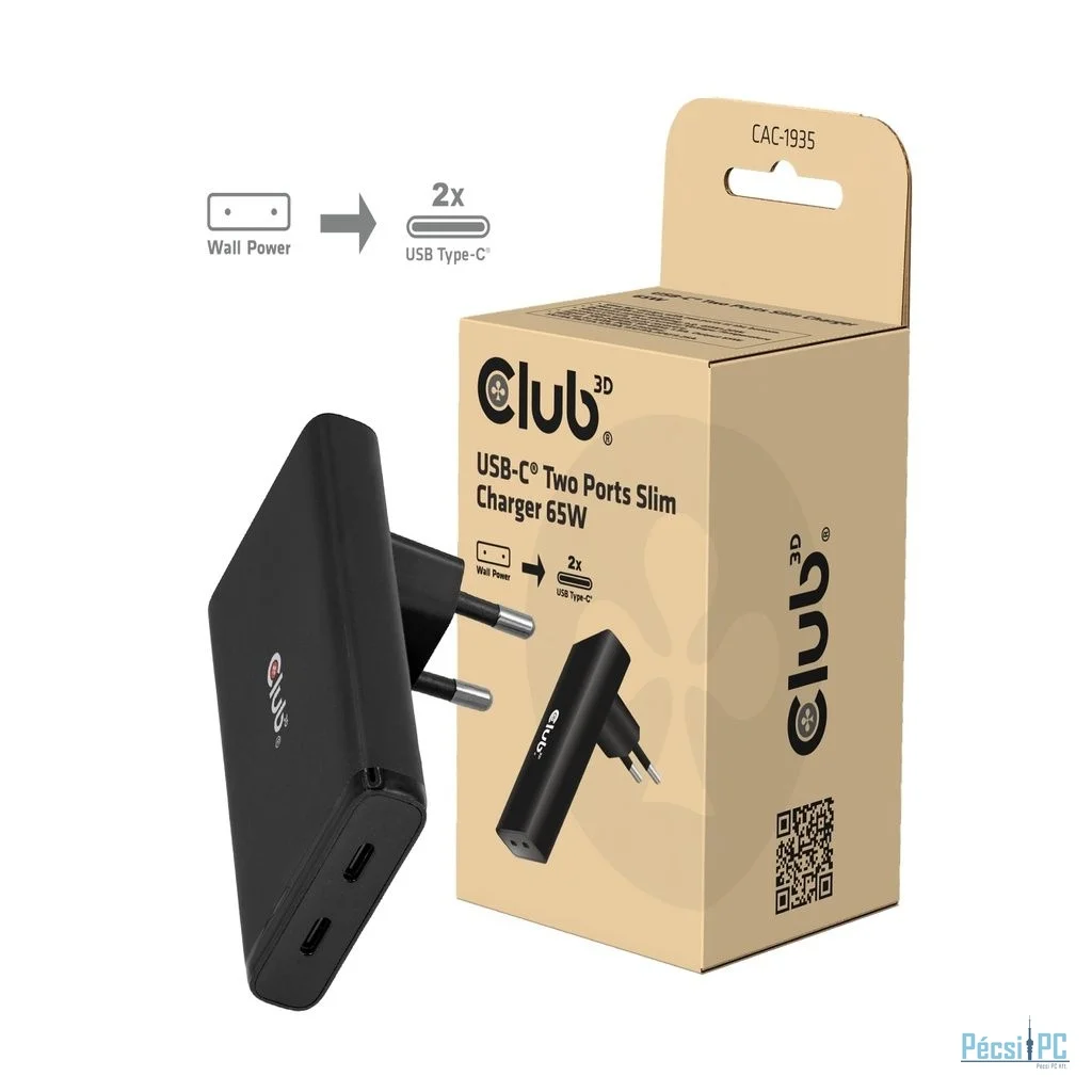 Club3D CAC-1935 USB-C Two Ports Slim Charger 65W GaN PD3.1 PPS