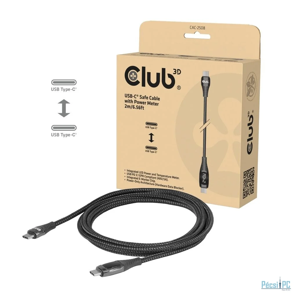 Club3D CAC-2508 USB-C Safe Cable with Power Meter 240W No Data 2m Black