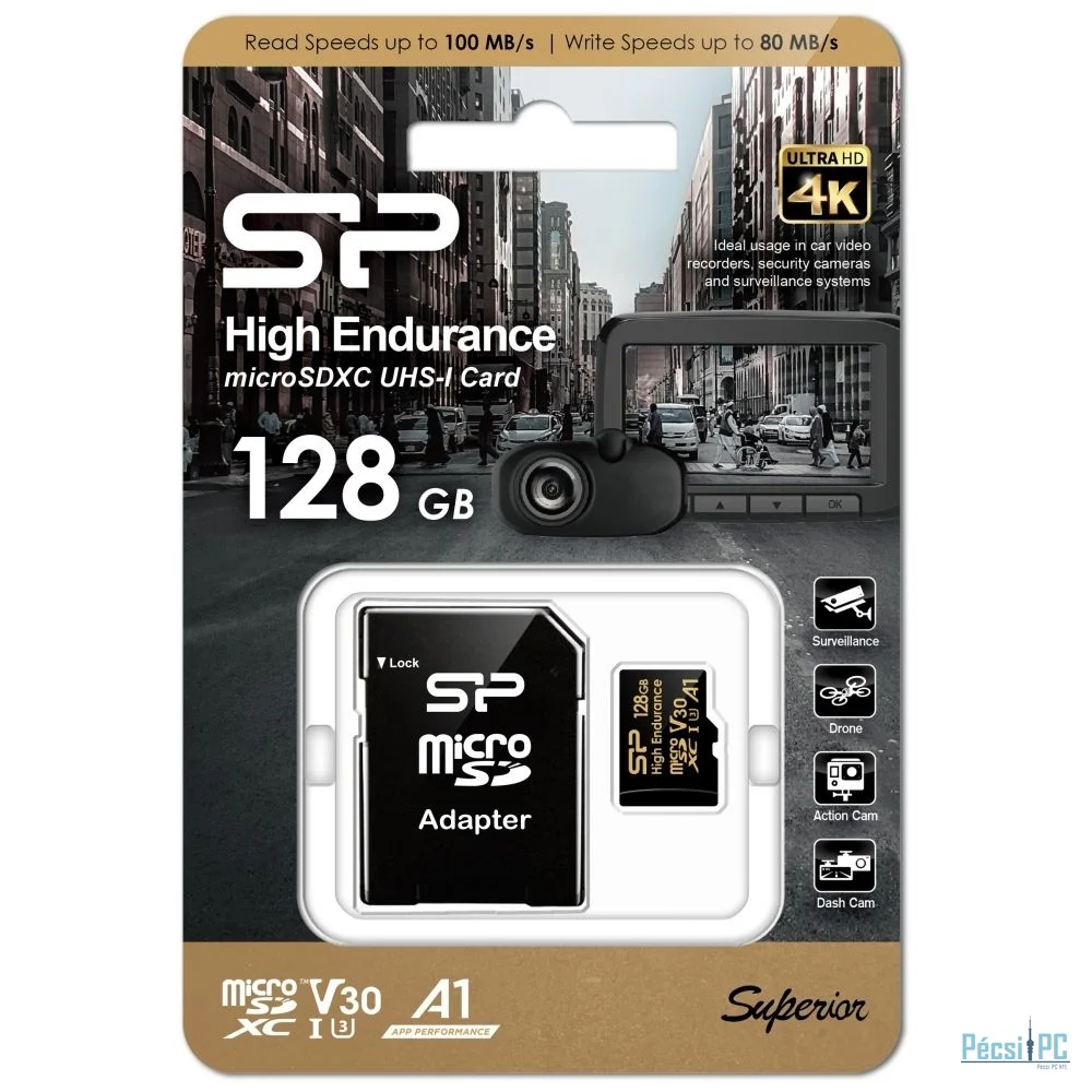 Silicon Power  128GB microSDXC Gold Series High Endurance Class 10 UHS-I U3 V30 A1 + adapterrel