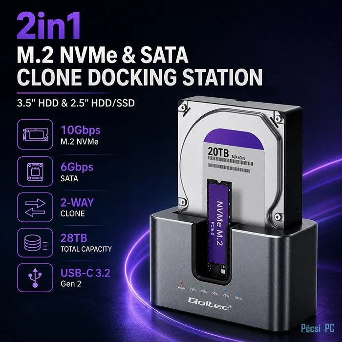 Qoltec 52631 2-in-1 HDD/SSD Docking Station USB-C 3.2 Gen 2 Aluminium
