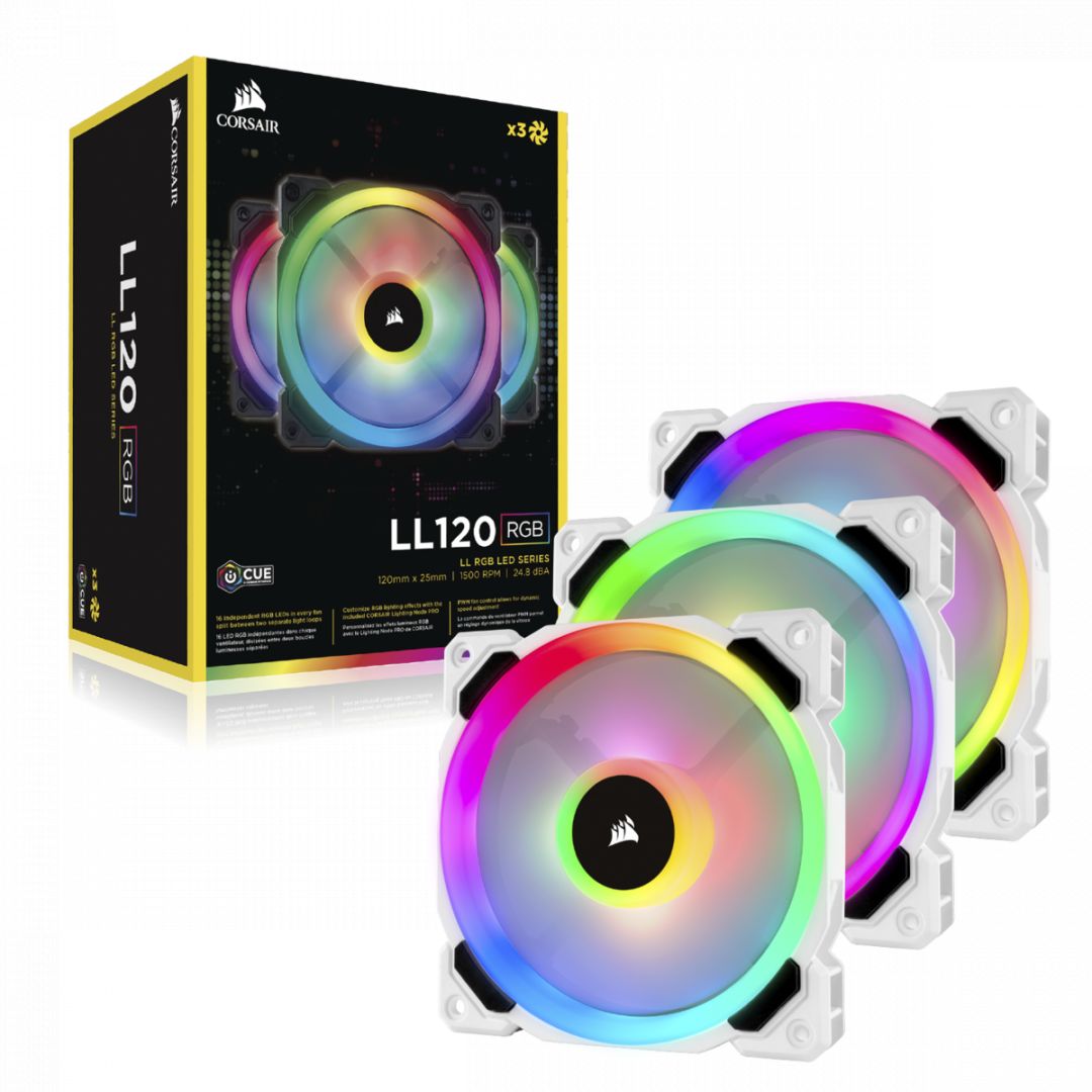 Corsair LL120 RGB 120mm Dual Light Loop White RGB LED PWM Fan - Triple Pack with Lighting Node Pro