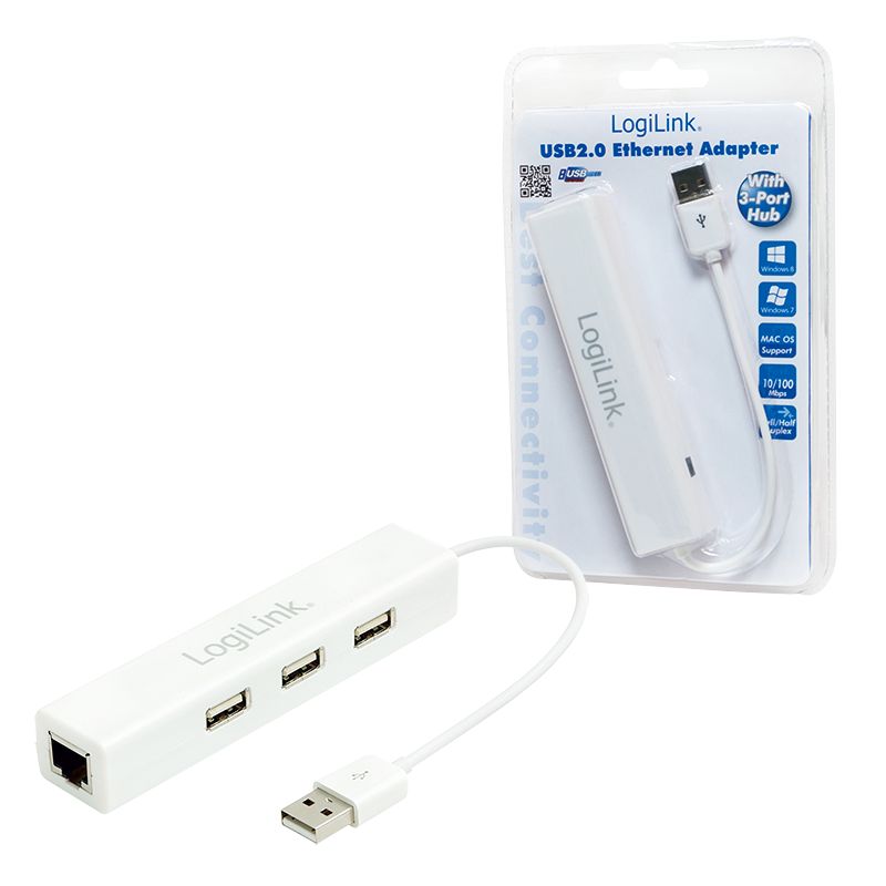 Logilink UA0174A USB 2.0 to Fast Ethernet Adapter with 3-Port USB Hub White