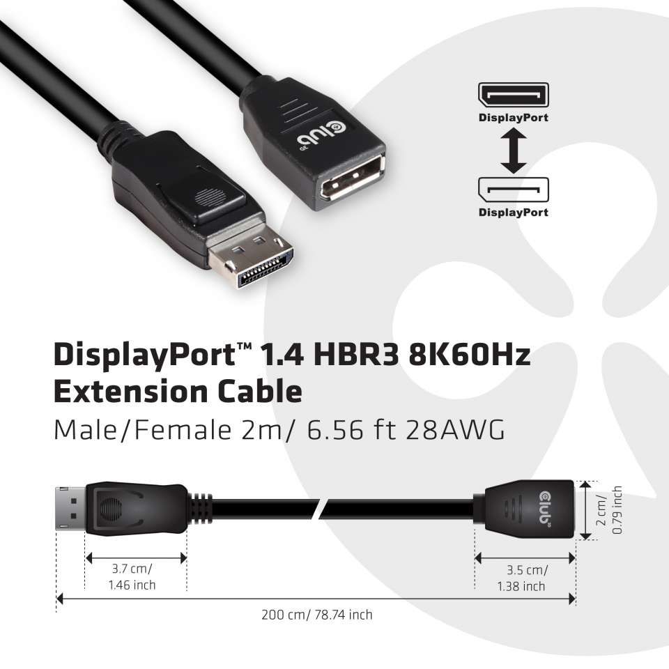 Club3D DisplayPort 1.4 HBR3 Extension Cable 8K60Hz 2m Black