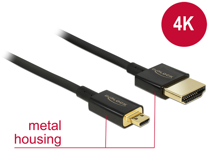 DeLock Cable High Speed HDMI with Ethernet - HDMI-A male > HDMI Micro-D male 3D 4K 2m Slim High Quality