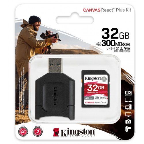 Kingston 32GB SDHC SDR2 Class 10 UHS-II U3 Canvas React Plus Kit + MLP SD Reader