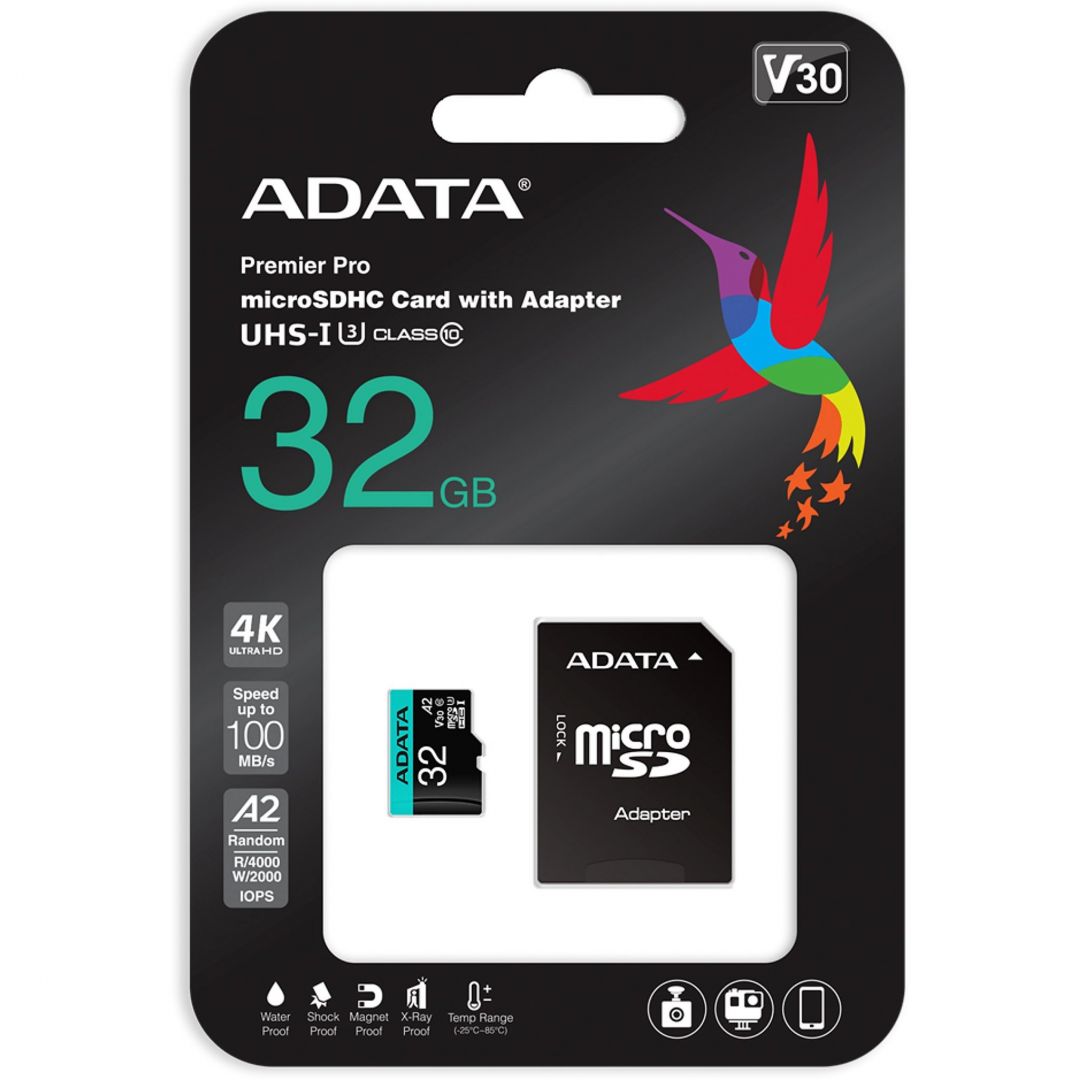 A-Data 32GB microSDHC Premier Pro Class 10 UHS-I U3 A2 V30 + adapterrel