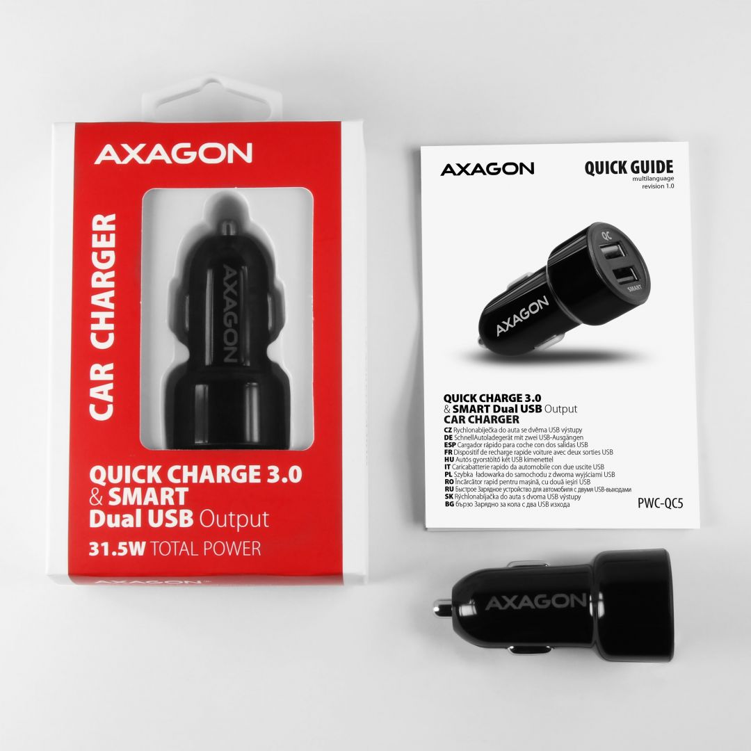 AXAGON PWC-QC5 QC3.0 + 2.4A Car Charger Black