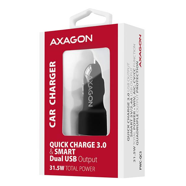 AXAGON PWC-QC5 QC3.0 + 2.4A Car Charger Black