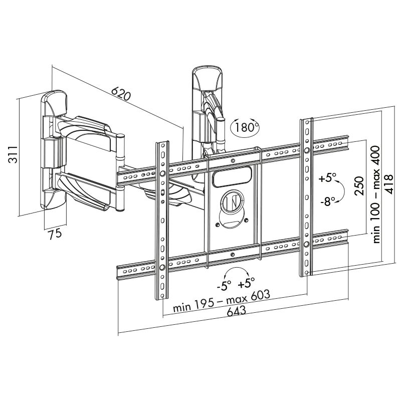 Logilink BP0047 TV wall corner mount, tilt -8/+5, swivel -90/90, level adjustment -5/+5