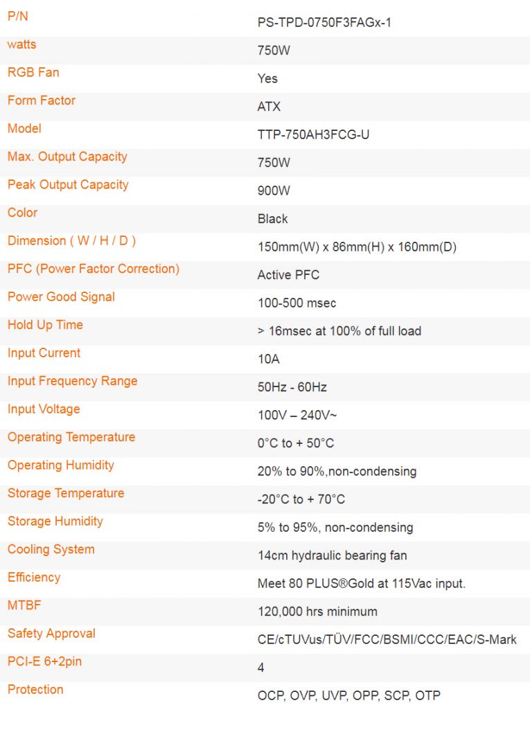 Thermaltake Toughpower GF1 ARGB 750W 80+ Gold