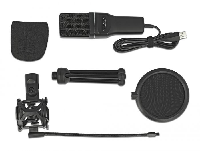 DeLock USB Condenser Microphone Set  for Podcasting, Gaming and Vocals Black