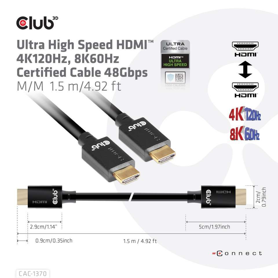 Club3D Ultra High Speed HDMI 4K120Hz, 8K60Hz Certified Cable 48Gbps M/M 1,5m Black