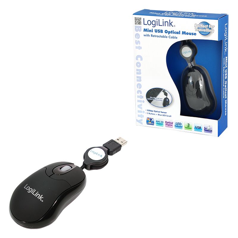 Logilink ID0016 mouse optical USB mini with retractable cable Black