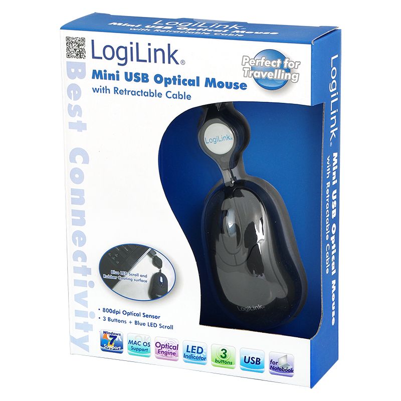 Logilink ID0016 mouse optical USB mini with retractable cable Black