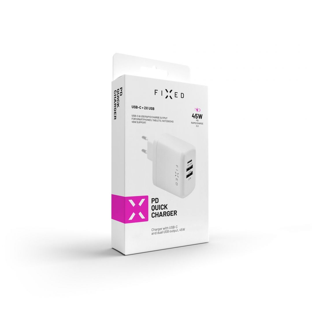 FIXED Travel charger with USB-C and 2x USB output, PD support, 45W, white