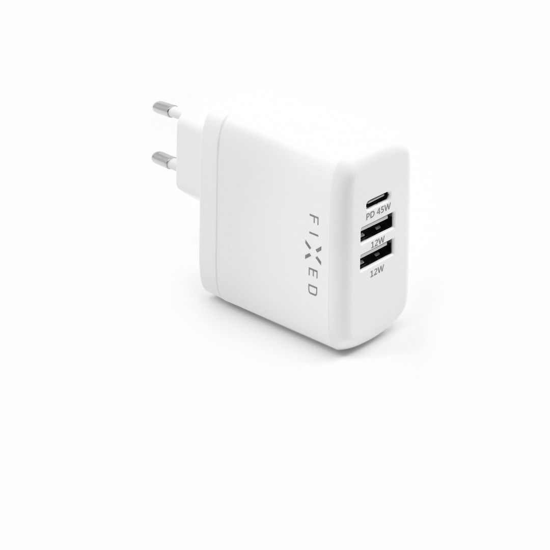 FIXED Travel charger with USB-C and 2x USB output, PD support, 45W, white