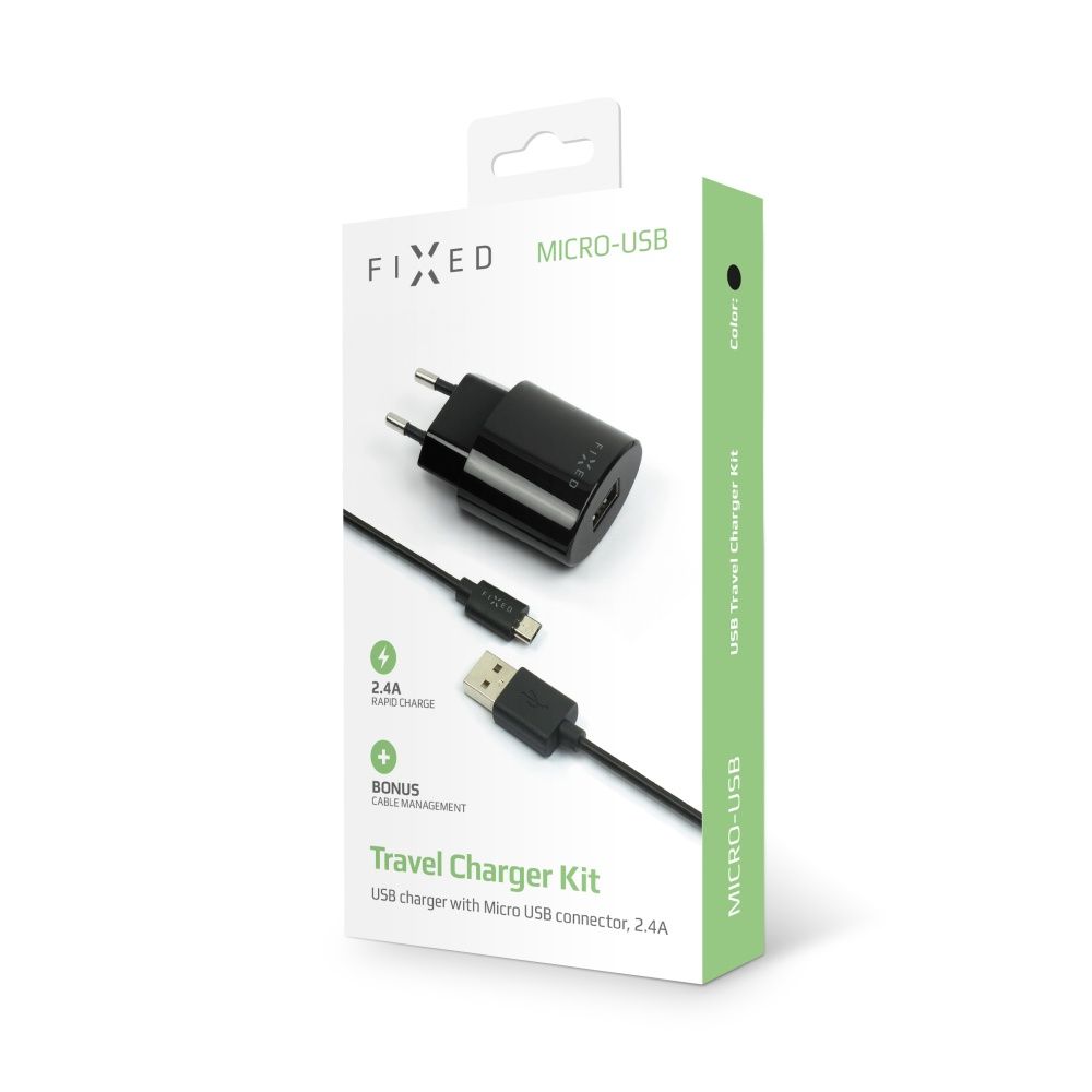 FIXED set of travel charger with USB output and USB/micro USB cable, 1 meter, 12W, black