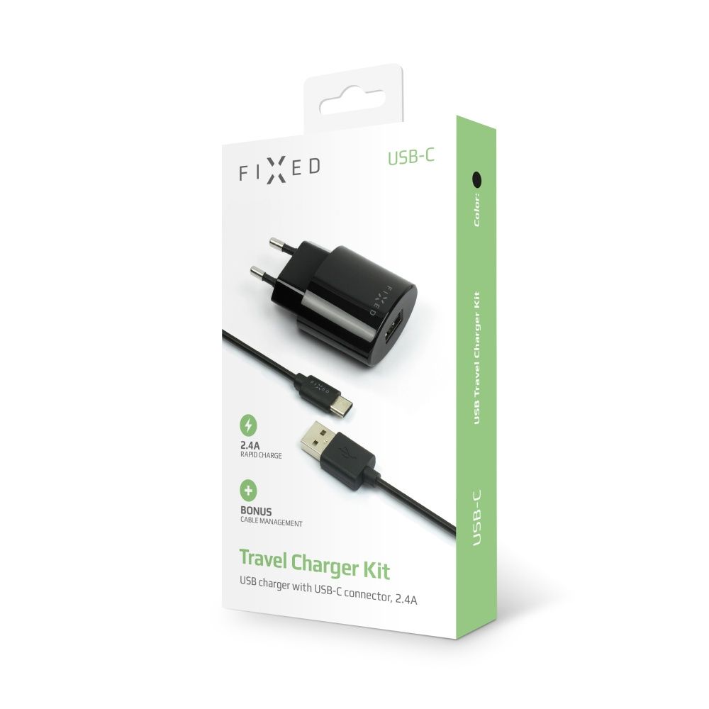 FIXED set of travel charger with USB output and USB/USB-C cable, 1 meter, 12W, black