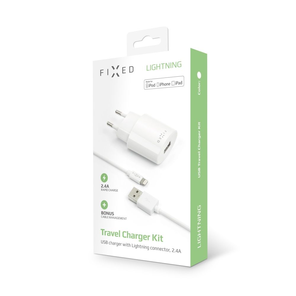 FIXED set of travel charger with USB output and USB/Lightning cable, 1 meter, MFI certification, 12W, white