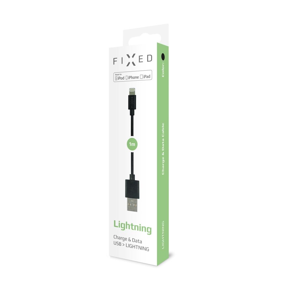 FIXED Data and charging cable with USB/Lightning connectors, 1 meter, MFI certified, 20W, black