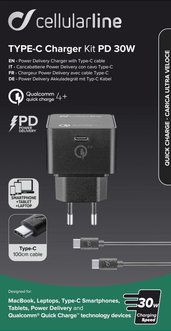 Cellularline Set USB-C mains charger (PD) and 1m cable with USB-C connectors, max. 30 W, Qualcomm? Quick Charge ? 4 +, b