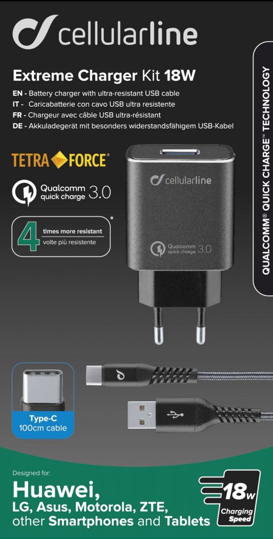 Cellularline Set USB charger and durable USB-C cable Tetra Force 18W, Qualcomm? Quick Charge 3.0, black