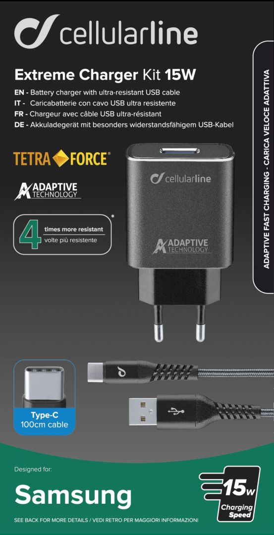 Cellularline Set USB charger and durable USB-C cable Tetra Force 15W, adaptive charging, black