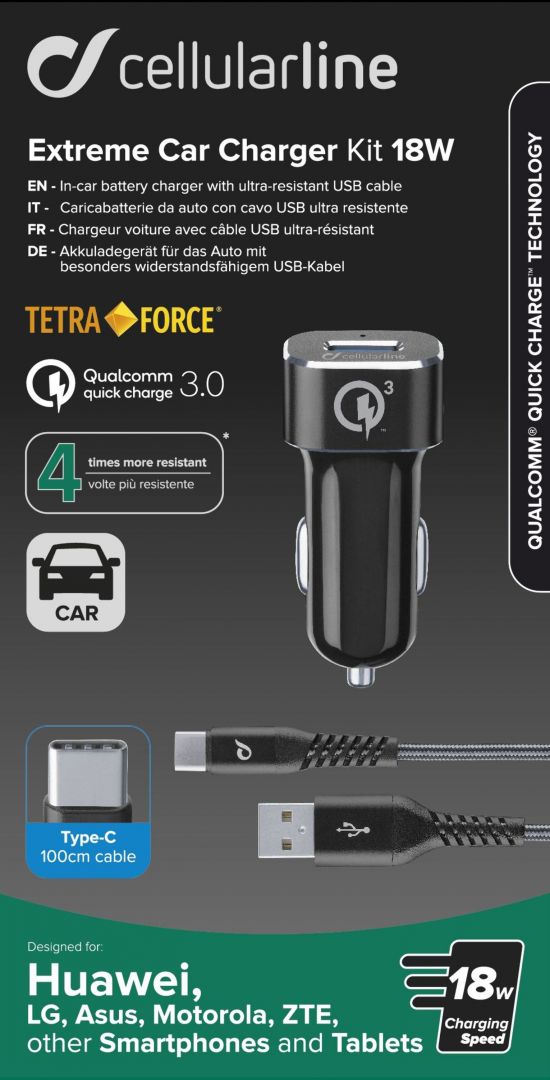 Cellularline Set USB car charger and durable USB-C cable Tetra Force 18W, Qualcomm? Quick Charge 3.0, black