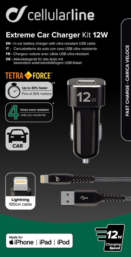 Cellularline Set USB Car Charger and Durable Lightning Cable Tetra Force 12W, MFI Certified, Black