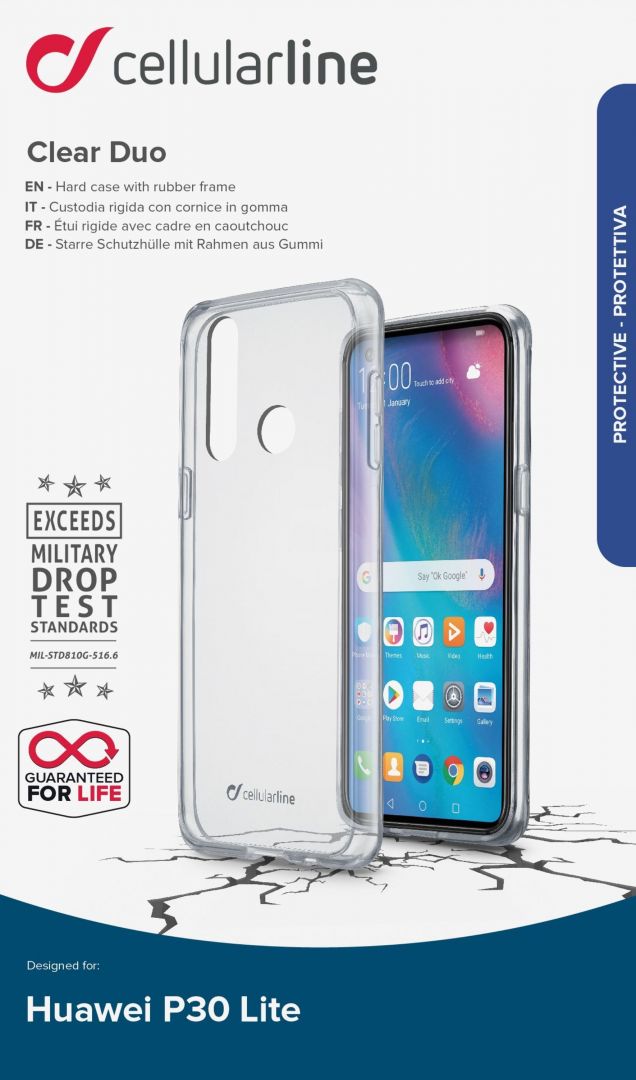 Cellularline Back clear cover with protective frame CLEAR DUO for Huawei P30 Lite