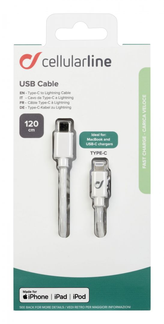 Cellularline USB-C data cable with Lightning connector, 120 cm, white