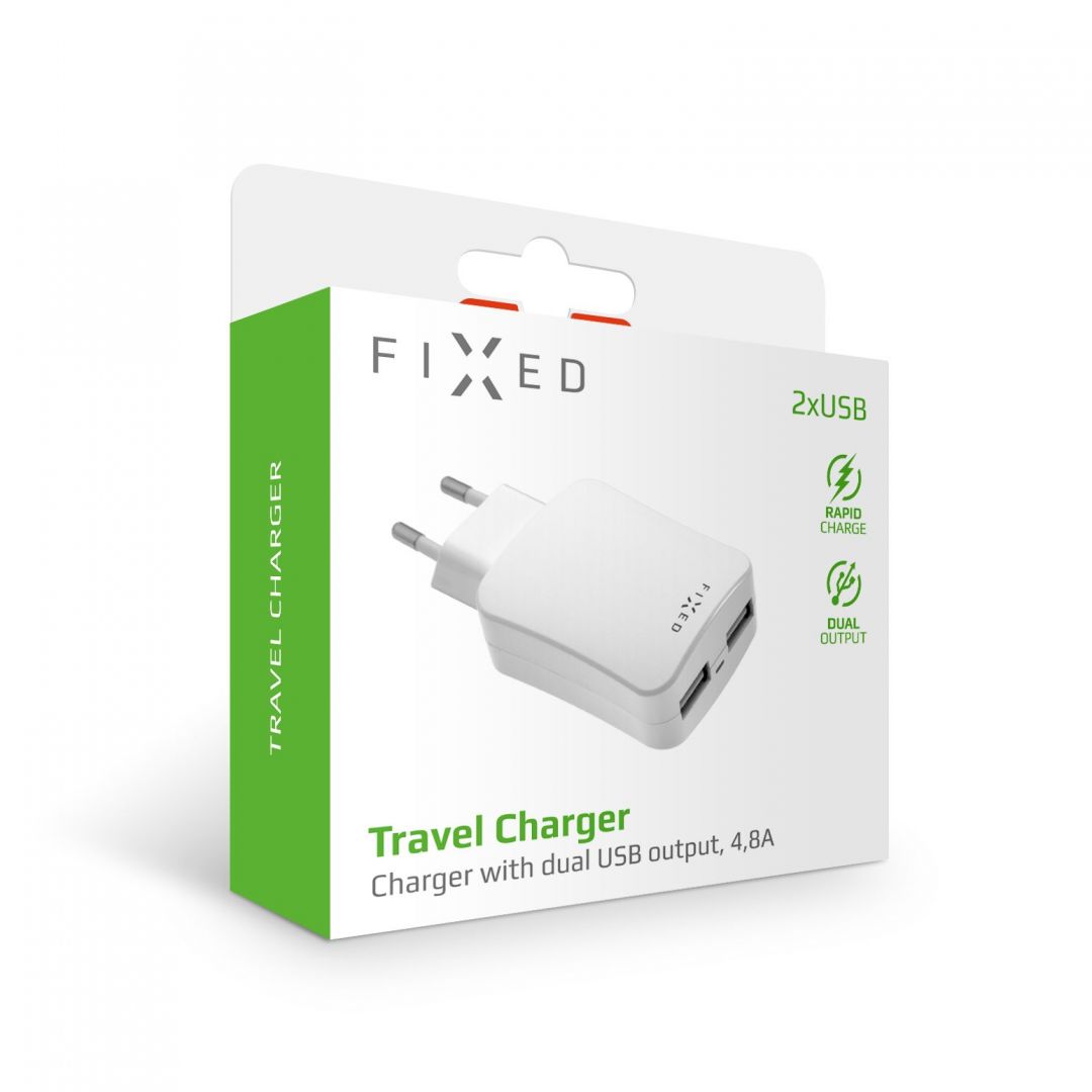 FIXED Travel charger with 2xUSB output, 24W (2x2.4A), white