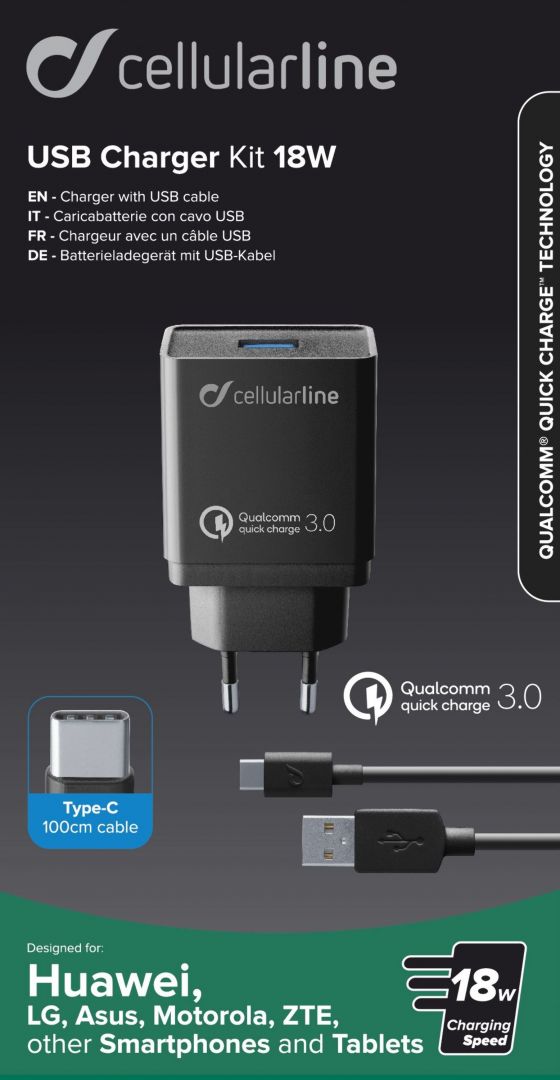 Cellularline Chlululine USB adapter and USB-C cable charging set, Qualcomm? Quick Charge ? 3.0, 18W, black