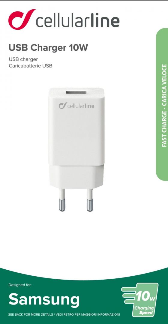 Cellularline % 0 mains charger with USB connector, 10 W, white