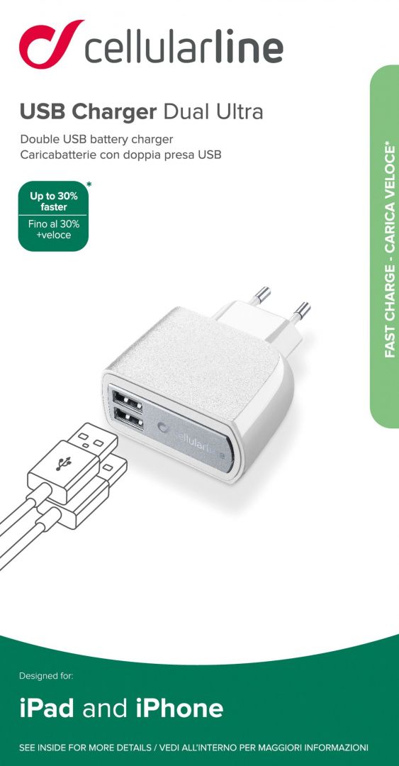 Cellularline  mains charger with 2 x USB connector, 15W/3.1A, white