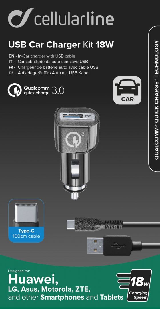 Cellularline Ncharging set of USB car charger and USB-C cable Cellularline, Qualcomm? Quick Charge ? 3.0, 18W, black