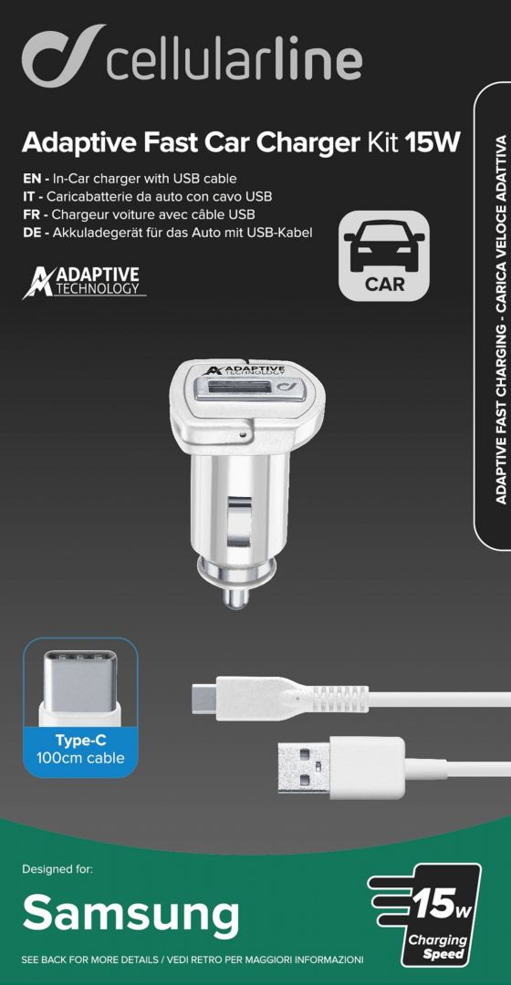 Cellularline Set car charger and USB-C cable, adaptive charging, 15W, white